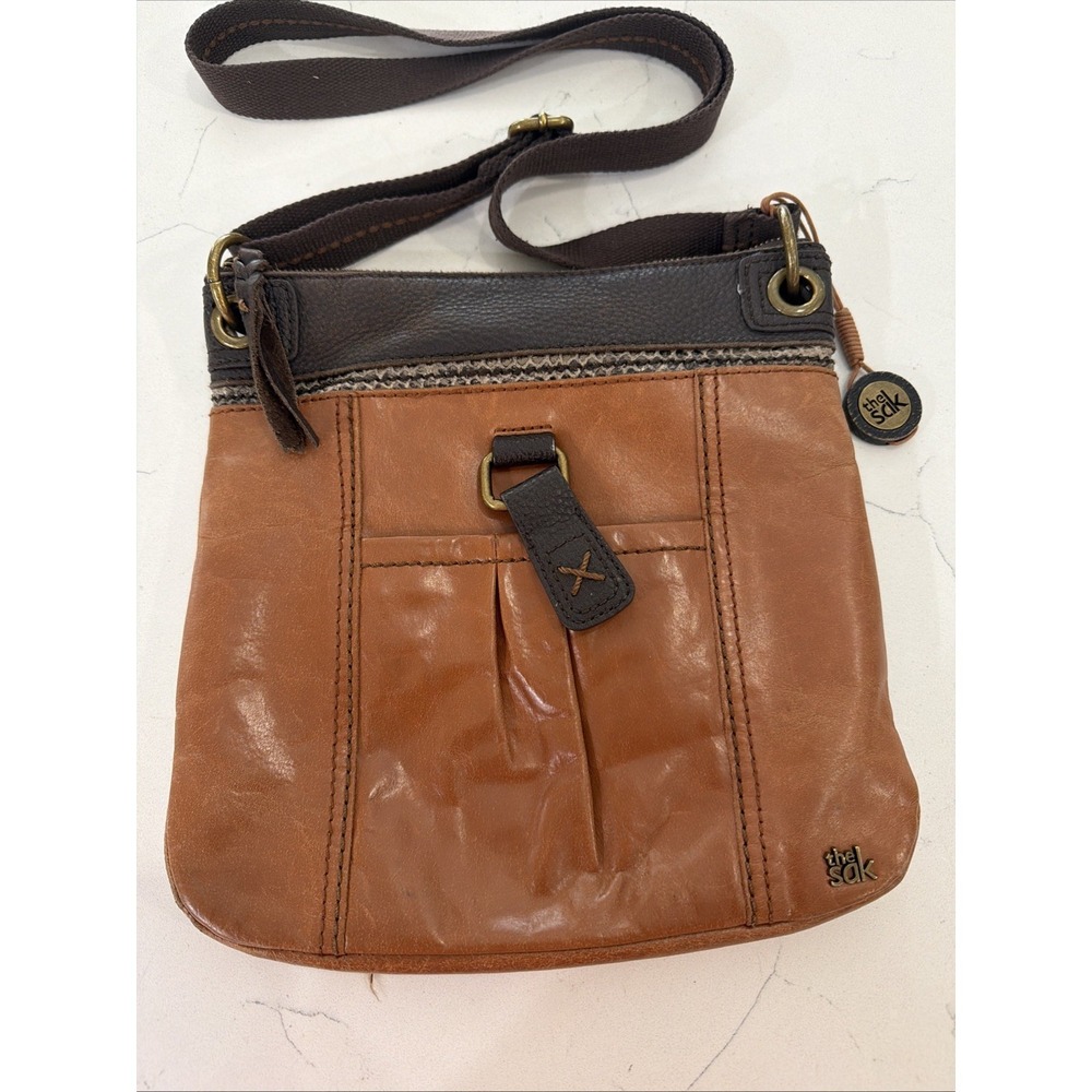 The Sak Kendra Crossbody Purse Distressed Two-Tone Brown Leather Messenger Bag